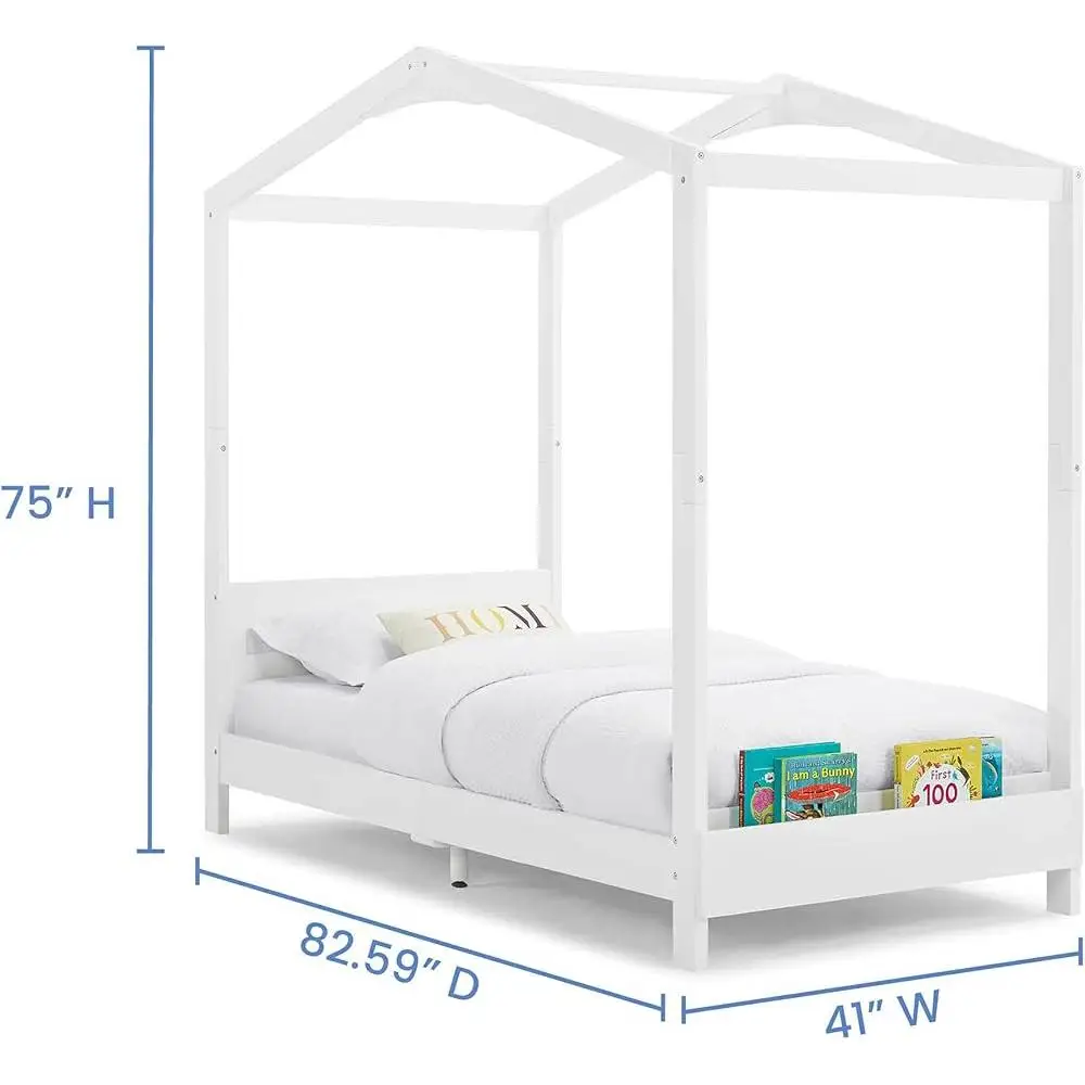 Charming Twin Bed Kids House Shape Design with Book Storage No Box Spring Required Safe Non-Toxic Materials