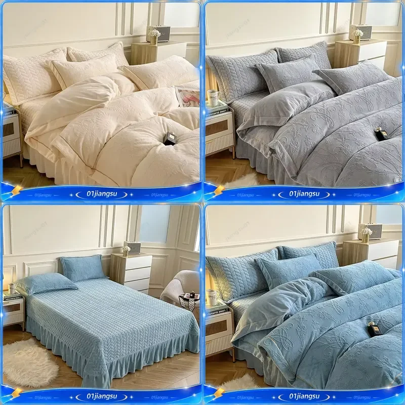 2024 New 3D Carved Milk Fleece Bedding Set 4 Piece Fluffy Breathable Duvet Cover Sheet Pillowcase Winter Warm Soft Home