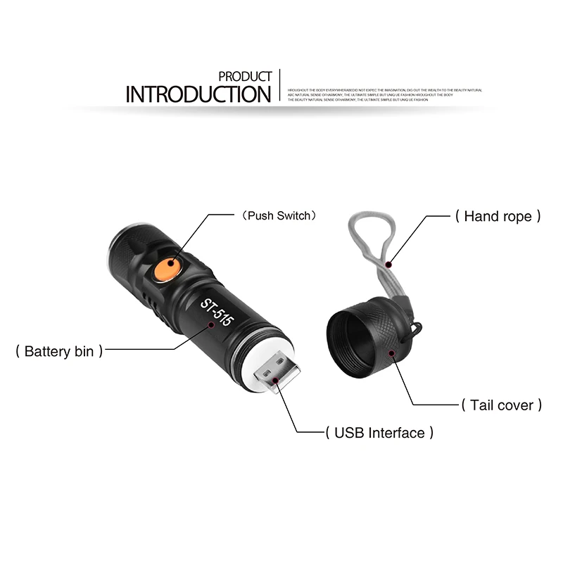 96g Mini Portable Led Flashlight USB Charging Telescopic Zoomable Rechargeable Hand Lantern Outdoor Powerful Waterproof Lamp