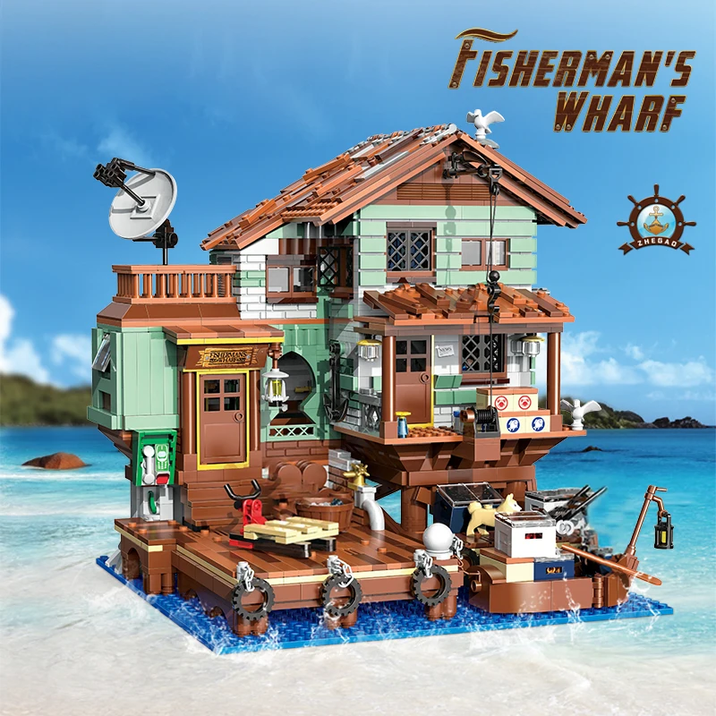 2100PCS Fisherman\'s Wharf Building Block Tree House Model Seaside Street View Boat Transportation Toys Children Christmas Gifts