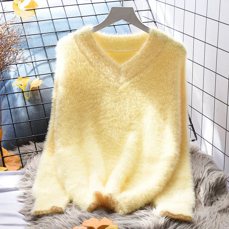 

2023 New Autumn and Winter Sweater Women V-collar Flocking Knitted Pullover Fashionable Solid s T266