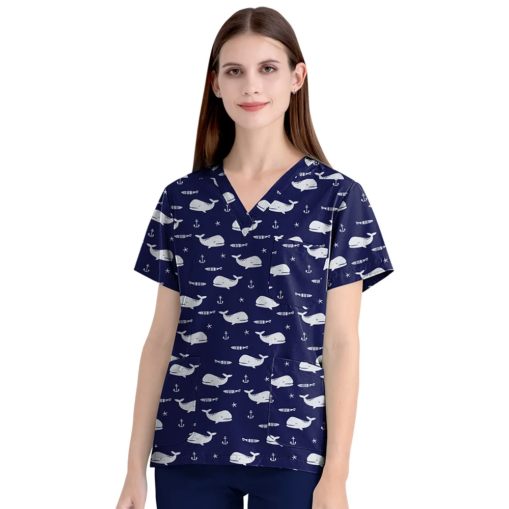Impressão médica topos esfrega camisa hospital clínica dentária workwear roupas enfermeiras acessórios esfrega conjunto topos cirúrgicos