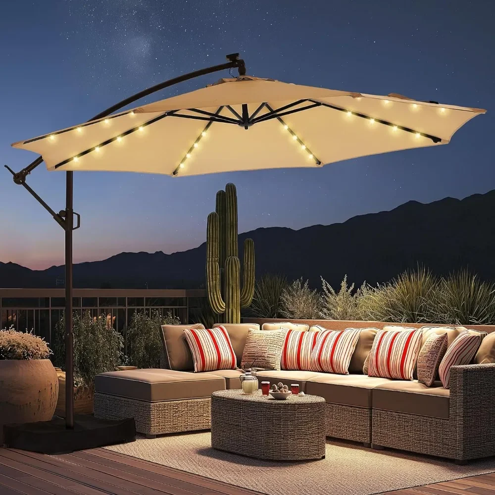 

10ft Solar Lights Offset Cantilever Patio Umbrella - w/Light and Base, LED Lighted Offset Hanging Patio Outdoor Market Umbrella