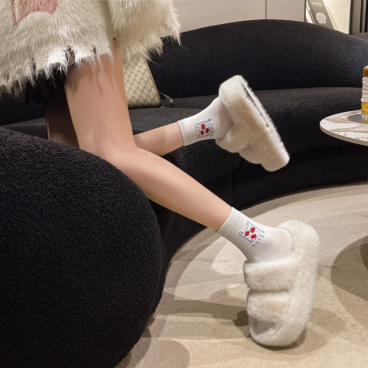 Flat Shoes Female Flock Rubber Rome Short Plush with Flock Shoes Slippers Flat Rome Rubber Short Plush