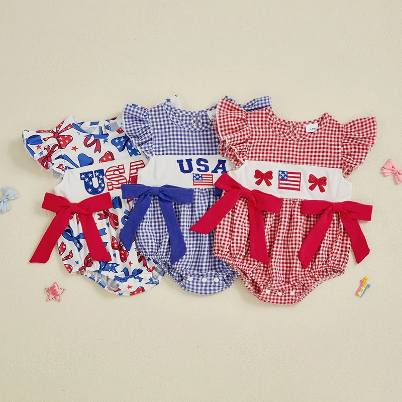 

2025-02-11 Lioraitiin Baby Girls Rompers Independence Day Clothes Flag Letter Embroidery Plaid Fly Sleeve Summer Jumpsuits
