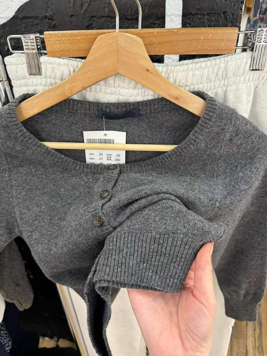 ダークグレー七分袖セーターカーディガン秋 O ネックシングルブレストスリムニットウェア女性ヴィンテージシンプルな綿セーター