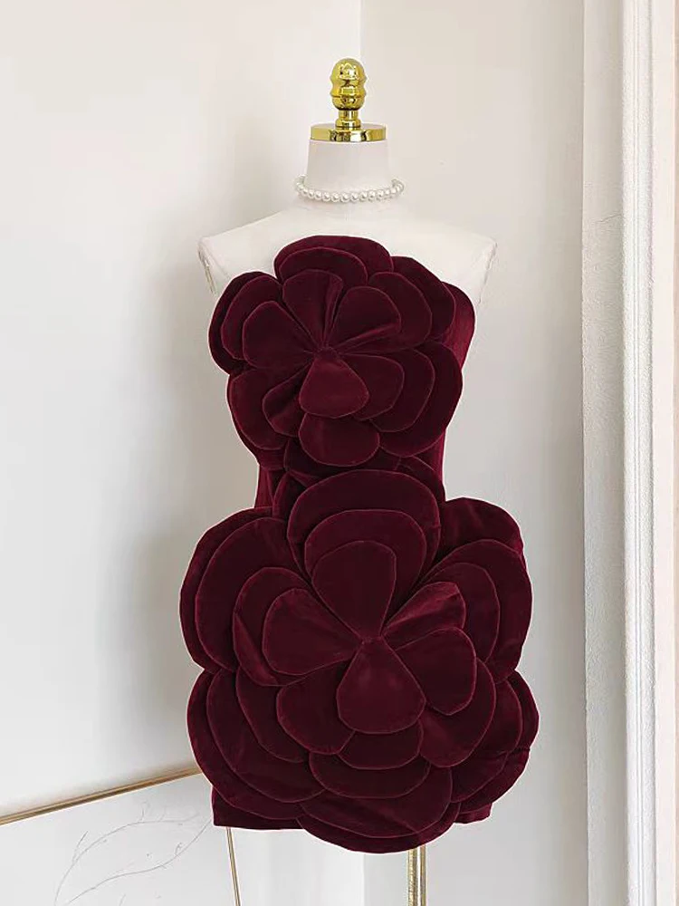 Designer driedimensionale applique strapless jurk 2025, lente damesmode feestjurk, sexy strakke wikkel heuprok + mouwen
