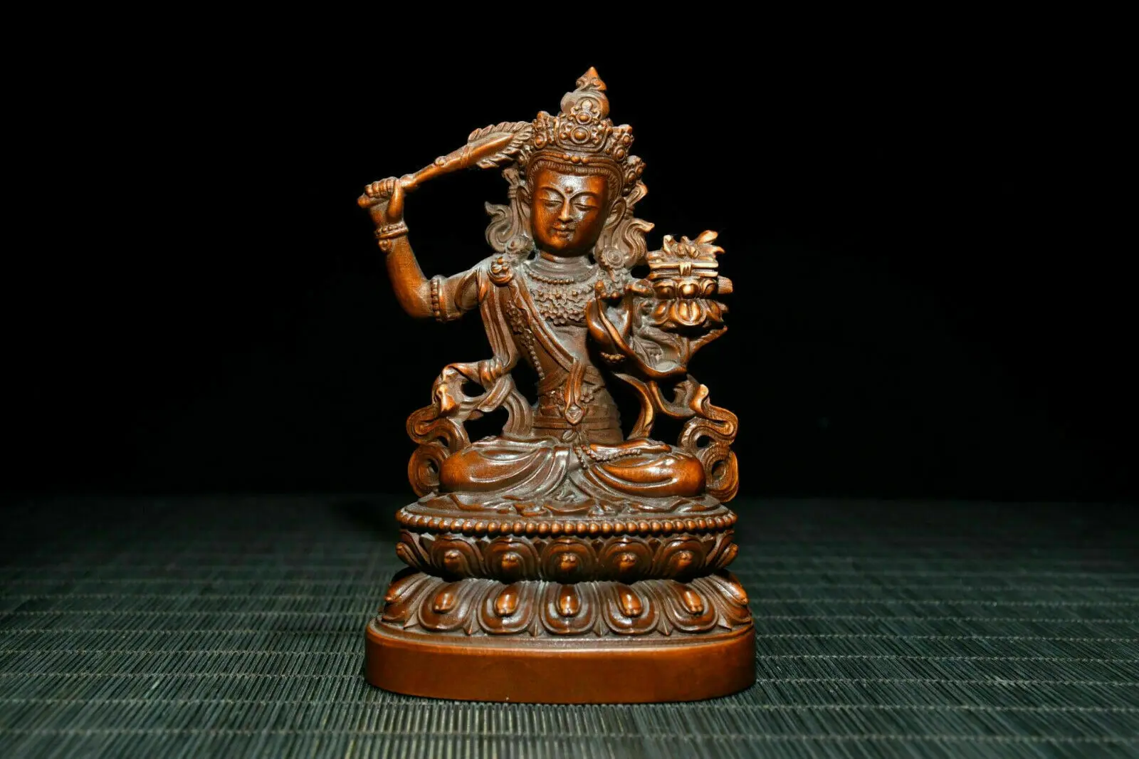 

Tibet Buddhism Boxwood Wood Carving Wenshu Manjushri Bodhisattva Buddha Statue