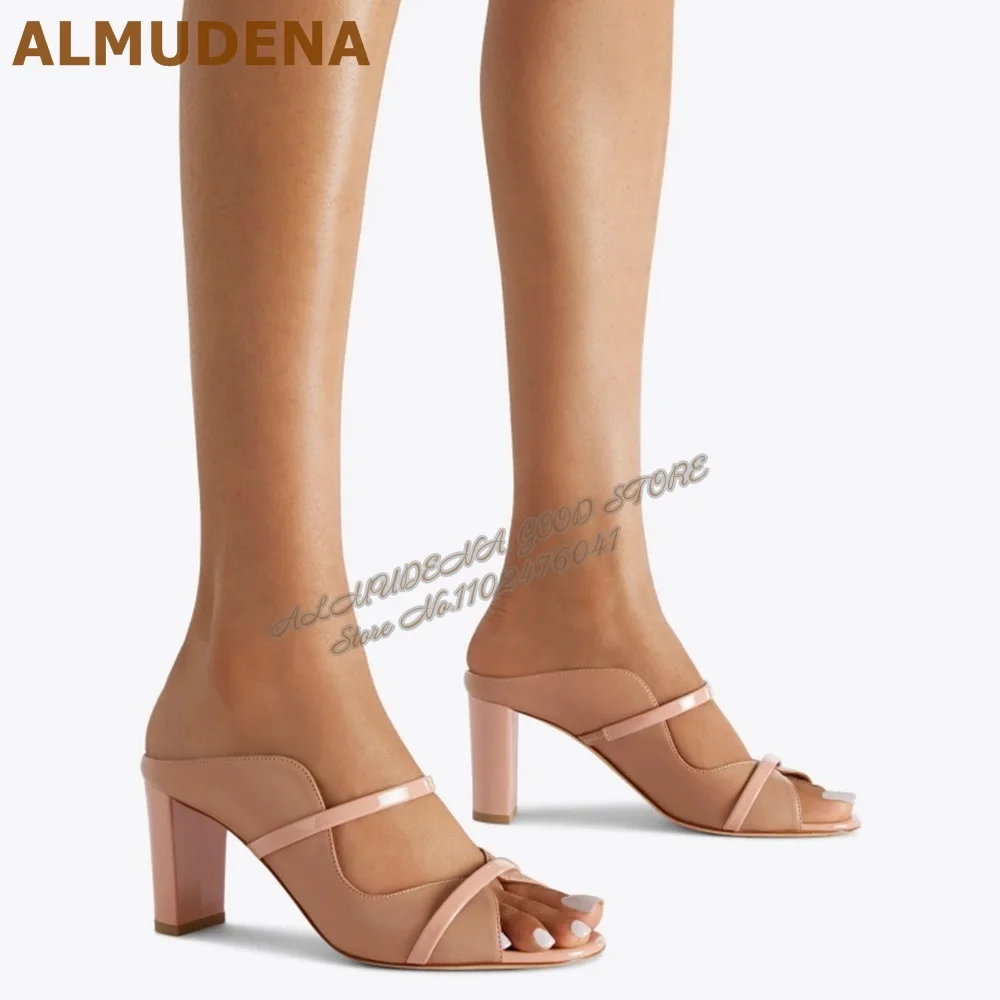 ALMUDENA الشمبانيا الذهب صندل بكعب مكتنز البغال حزام مزدوج المفتوحة تو كتلة الكعوب الصنادل الانزلاق على فستان أنيق الأحذية