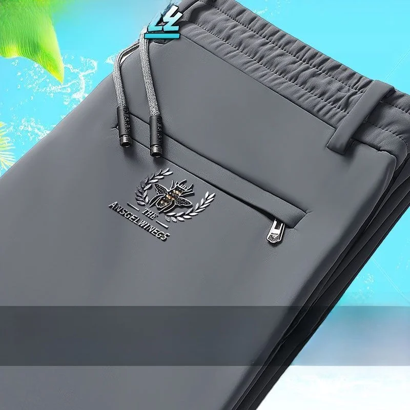 High Waist Elastic Waist Ice Silk Sports Pants Men's Casual Workwear Breathable Comfortable High End Ice Silk Pants