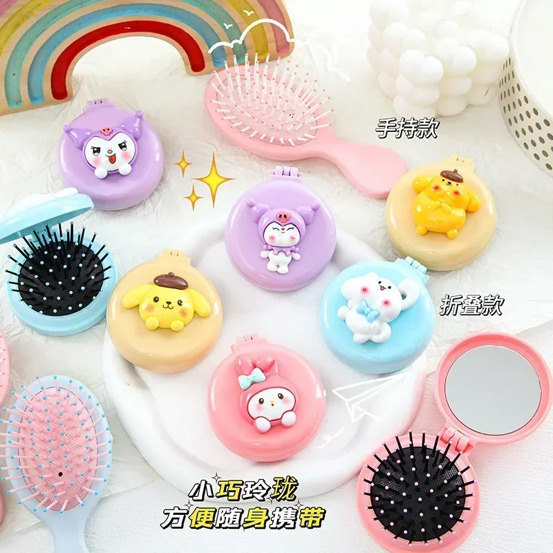 Sanrio Hello Kitty Anime Portable Makeup Mirror Folding Air Bag Comb Mirror Pocket Travel Hair Mirror Head Massager Relax glass