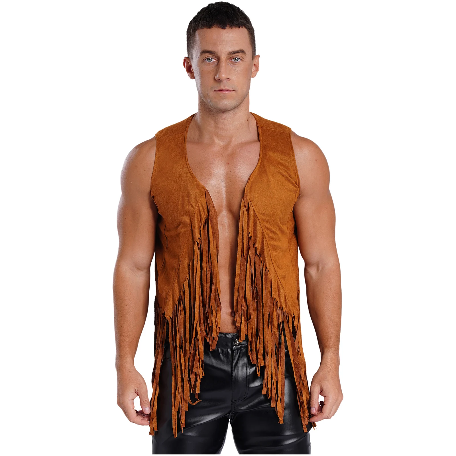 

Mens Vintage Gothic Cowboy Vest Leeveless Open Front Fringe Waistcoat Top Hippy Cardigan Jackets Carnival Theme Party Clubwear