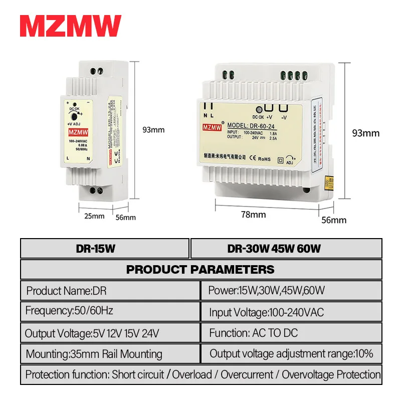 15W 30W 45W 60W Industrial Din Rail Switching Power Supply Input 100-240V AC/DC 5V 12V 15V 24V Light Transformer DR-15 DR-60 image 2
