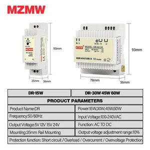 Fonte de alimentação industrial do interruptor do trilho do ruído, transformador claro, 15W, 30W, 45W, 60W, entrada 100-240V, CA, CC 5V, 12V, 15V, 24V, DR-60 8 principais vendas fonte chaveada dupla - №3