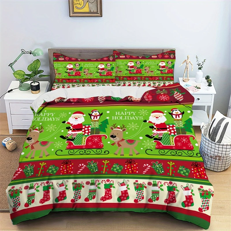 Holiday Quilt Cover Set, Cartoon Santa Claus and Penguin Sleigh Print, Soft Polyester Bedding  Bedroom and Dormitory Decoration