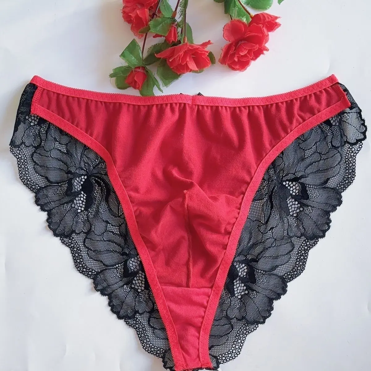 Man's Red Lace Half Sheer Hip BF Briefs Live Show Dance DJ Club Bar Private FKK Party Harajuku Thai