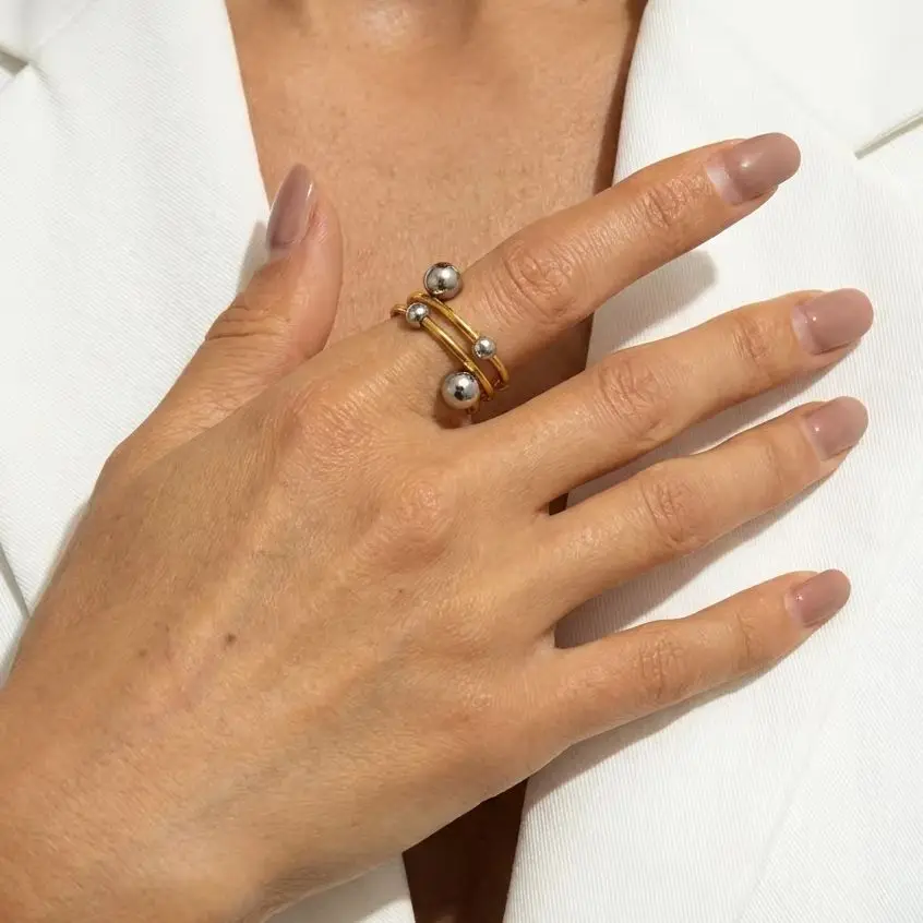 Minimalist Two Tone Line Ball Rings for Women Men Stainless Steel Irregular Geometric Hollow Rings Personality Jewelry Gifts
