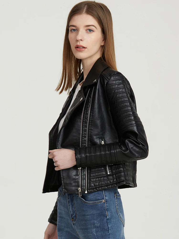 Chaqueta de cuero para mujer, abrigo Punk negro con cuello vuelto de Pu para motocicleta, prendas de vestir exteriores con cremallera y remaches