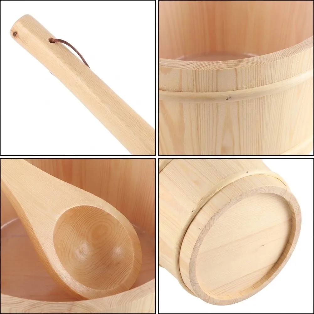 1 Gallon Pine Sauna Bucket with Long Handle Ladle Rope Wrapped Grip Removable Plastic for liner for Steam Room Use