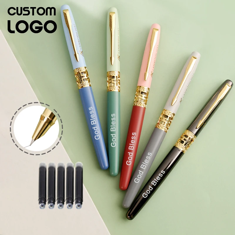 2pcsPen + 10 Ink Sacs High-end Fashion Fountain Pen Metal Custom LOGO Pens Teacher Student Writing Stationery Personalized Gift