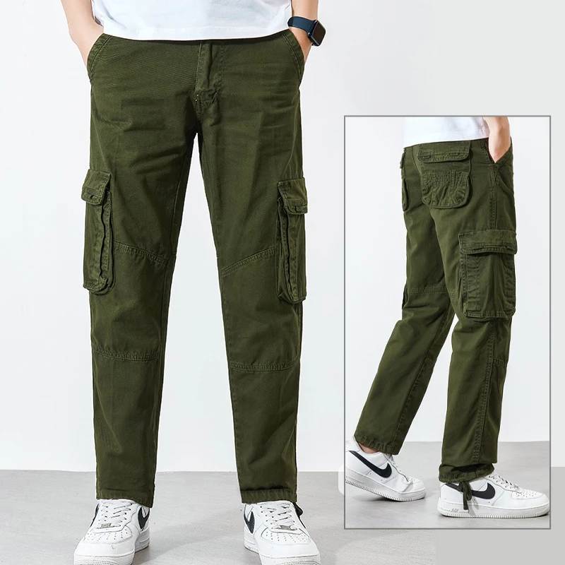 Pantalones Cargo de algodón para hombre, pantalones casuales, monos de trabajo al aire libre, Pantalones rectos sueltos, pantalones tácticos verdes