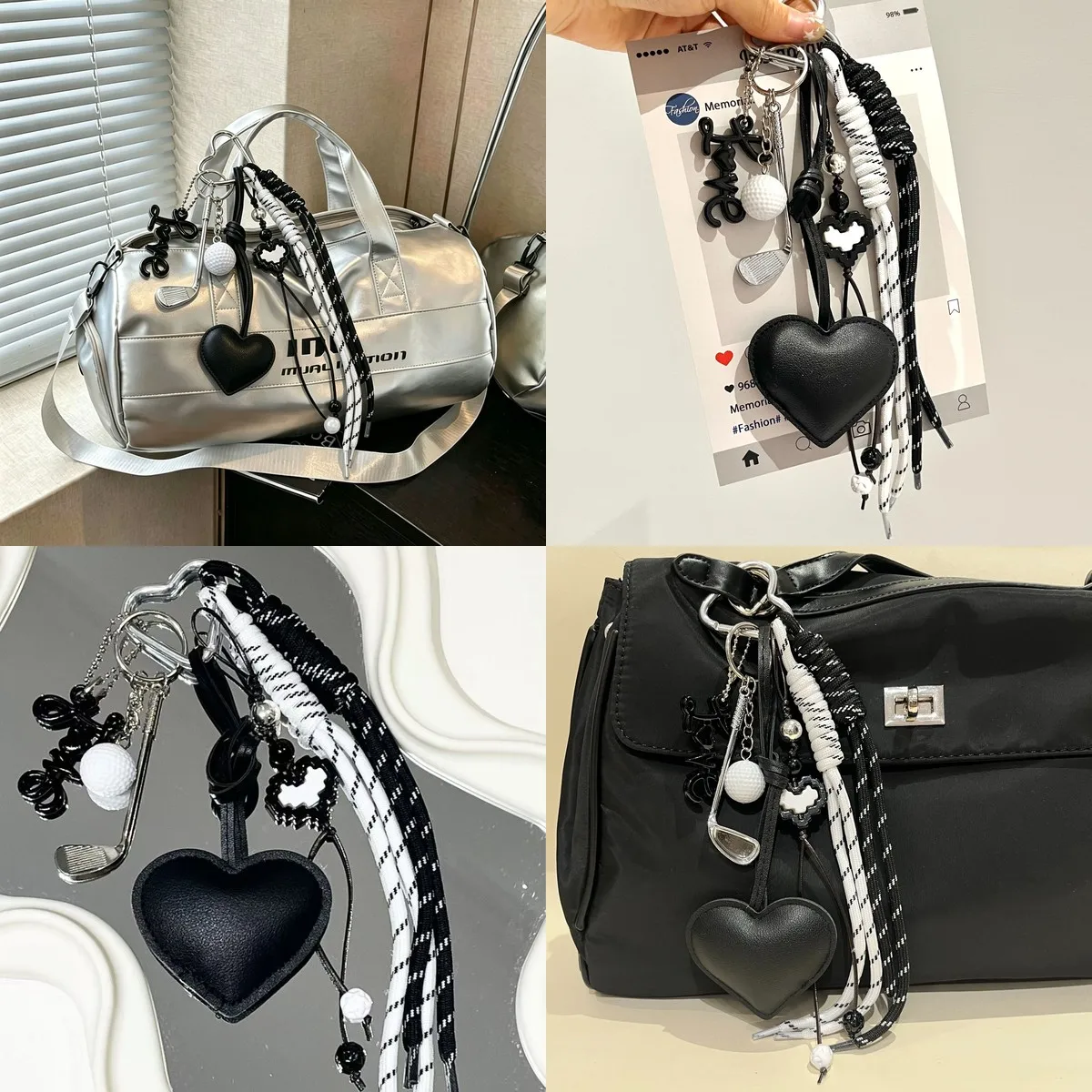 Golf-Themed Heart Keychain for Golf Bags, Sports Backpacks, Car Keys – Black & White Contrast Design, Minimalist Chic