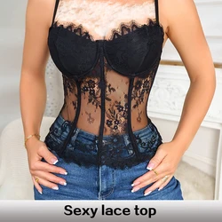 Women's Sleeveless Tight Fitting Tank Top Women's Lace Transparent Fish Minimalist Bra Black Sheer Lace Tight Fitting Bra