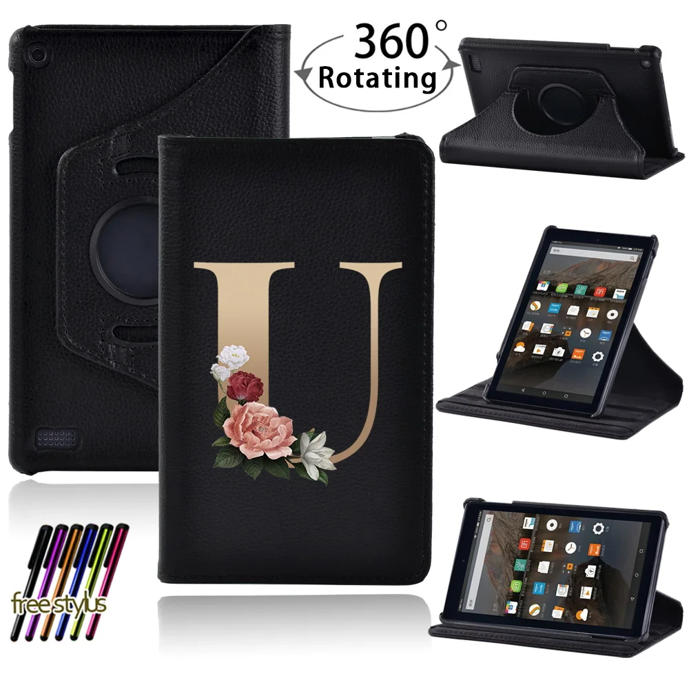 360 도 회전 스마트 태블릿 스탠드 보호 케이스, 파이어 7 5 세대 7 세대 9 세대 2015 2017 2019 골드 문자 인쇄 PU 가죽 커버