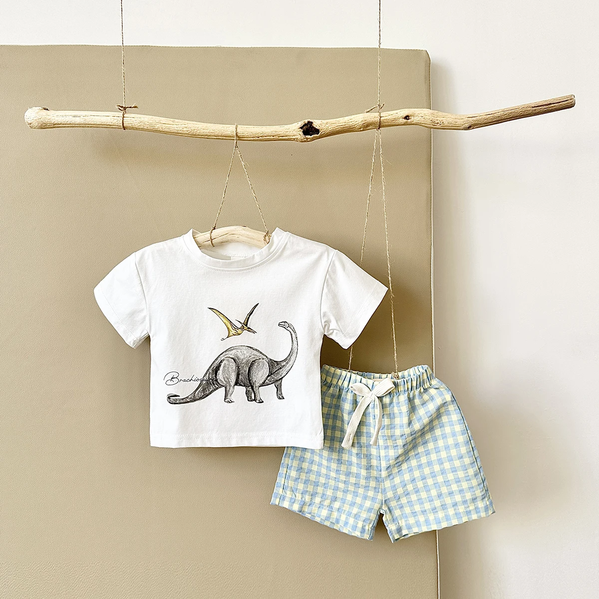 Baby Clothes Set Newborn Boys 2Pcs Casual Dinosaur Print Short Sleeved T-shirt+plaid Shorts Toddler Girl Summer Kids Outfit Set