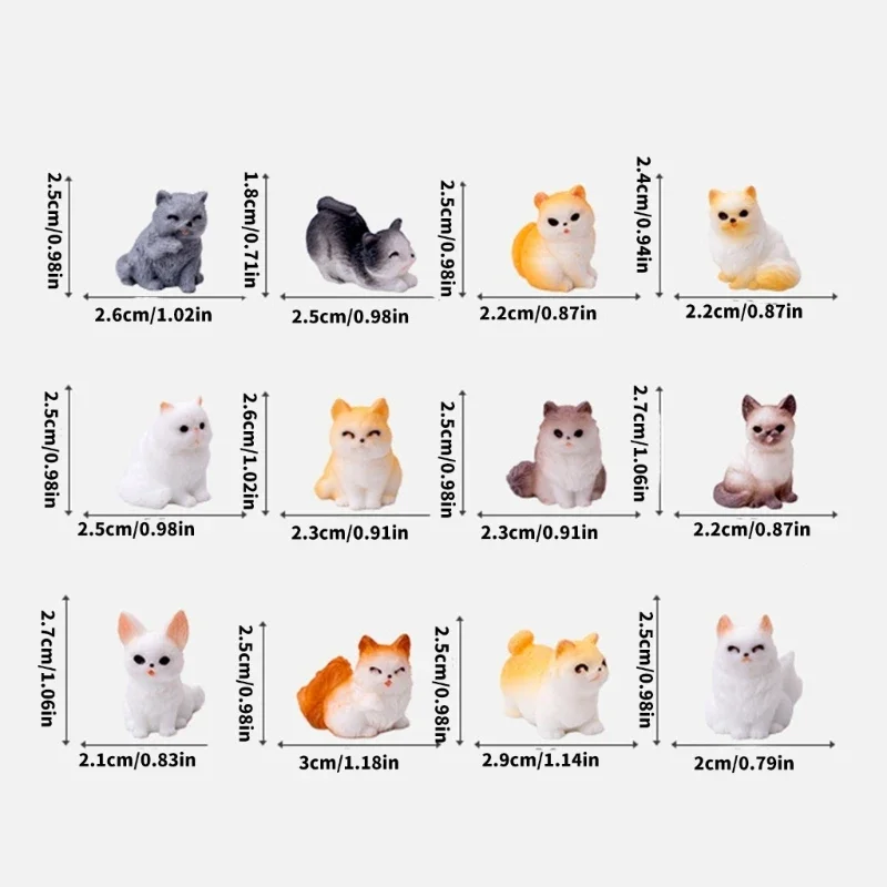 Packung mit 12 realistischen Miniatur-Katzenfiguren für Puppenhaus-Dekoration, Kunstharz-Kunsthandwerk, Kätzchen mit 15UB