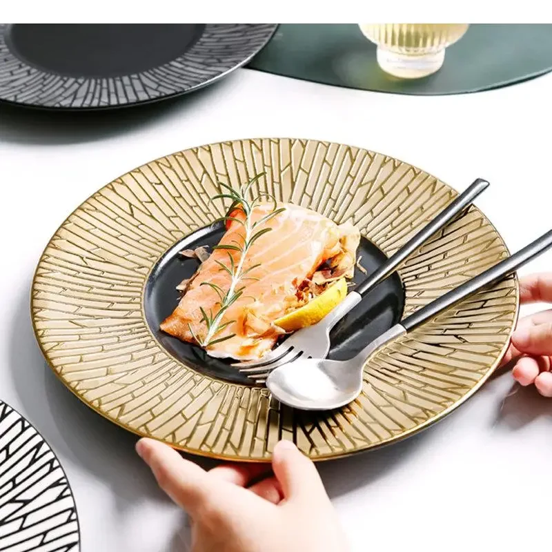 Electroplated Ceramic Dinner Plate Restaurant Steak Salad Pasta Plates Dessert Sushi Circular Tableware