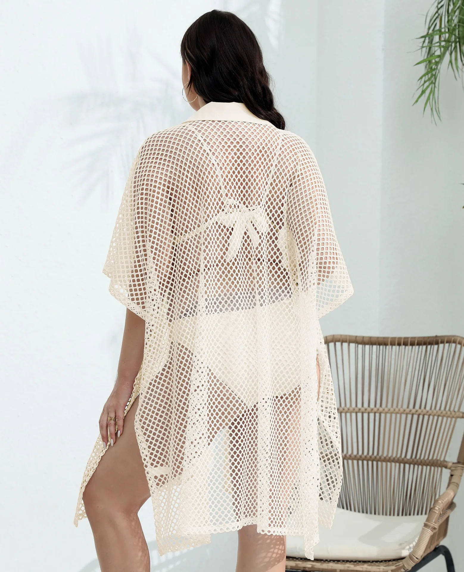 Plus size grade oversize maiô feminino bikini cover-up oco transparente botão para baixo colarinho vestido de praia camisa blusa dividida