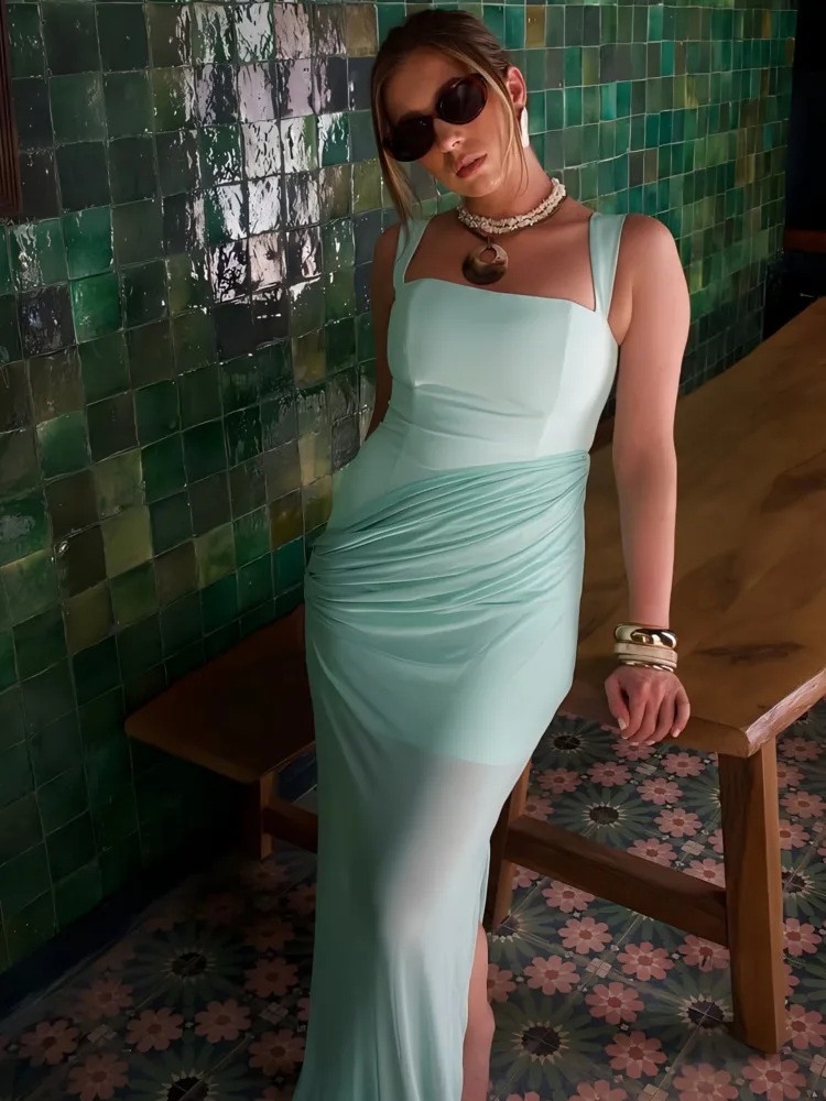 Articat Elegant Sleeveless Mesh Patchwork Tight Long Dress Women Sexy Backless Sheer Bodycon Party Club Evening Dress Fall New