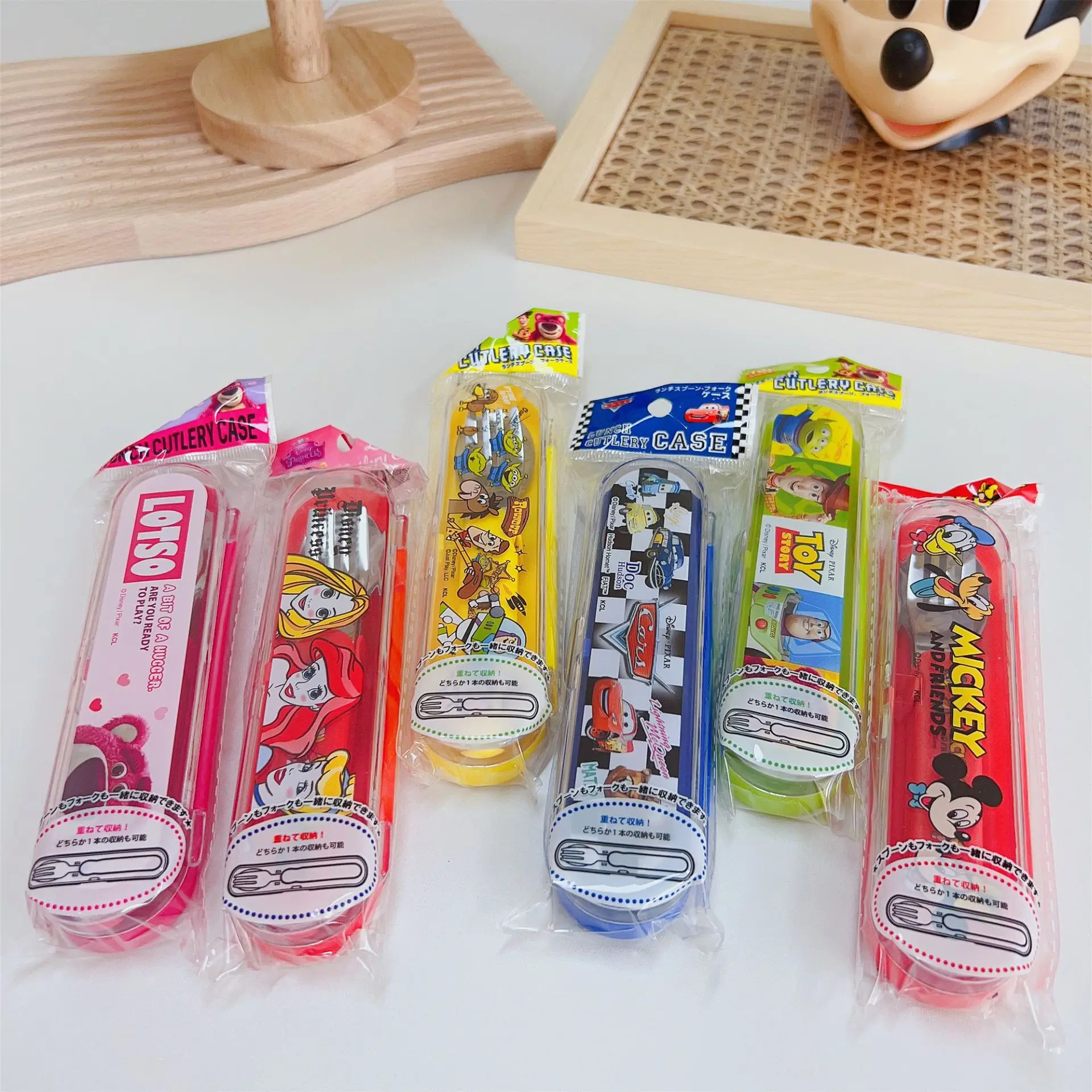 Disney Mickey Mouse Stainless Steel Tableware Cartoon Cute Toy Story Spoon and Fork Set Box Princess Fruit Fork Child Gifts