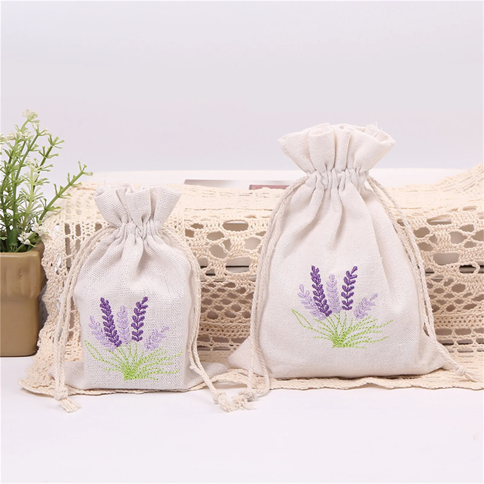 1pc Embroidery Craft Canvas Bag, Lavender Printed Storage Drawstring Bundle Pocket, Jewelry Object Packaging Hemp Bag