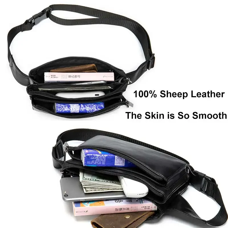 Sheep Genuine Leather Waist Packs Fanny Pack Belt Bag Hip Travel Waists Packs Male Small Pouch For Man Leather Waist Bag Man