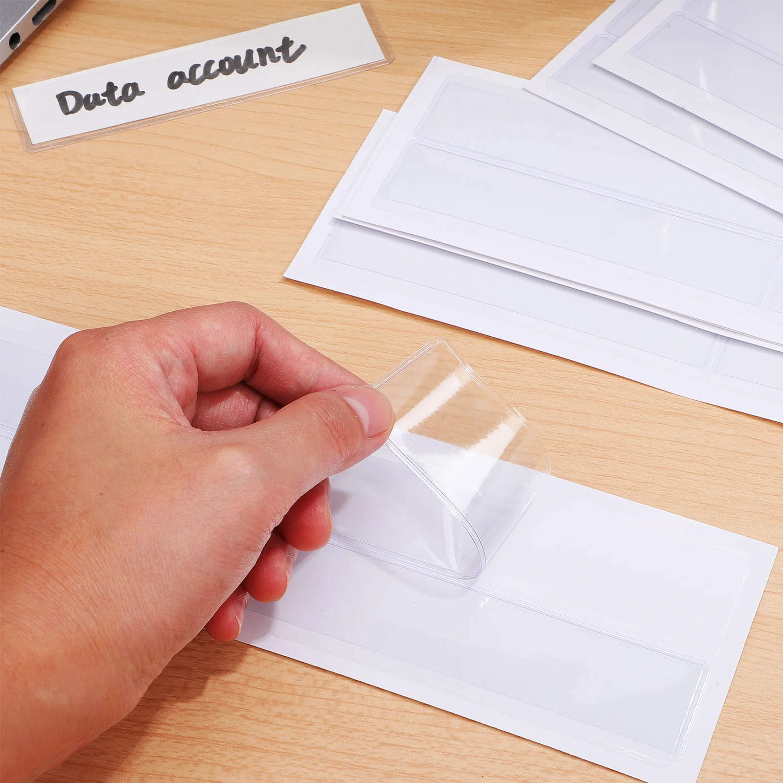 

60Pcs Adhesive Clear Label Holders Easy Insert Top Open Design for Index Cards Name Tags Shelf Labels Home Office Use