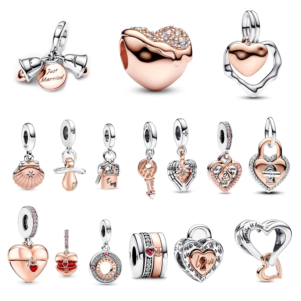 

Classic Boutique 925 Sterling Silver Heart Key Bell Rose Gold Dangle Charm Fit Original Bracelet DIY Women Jewelry Accessories