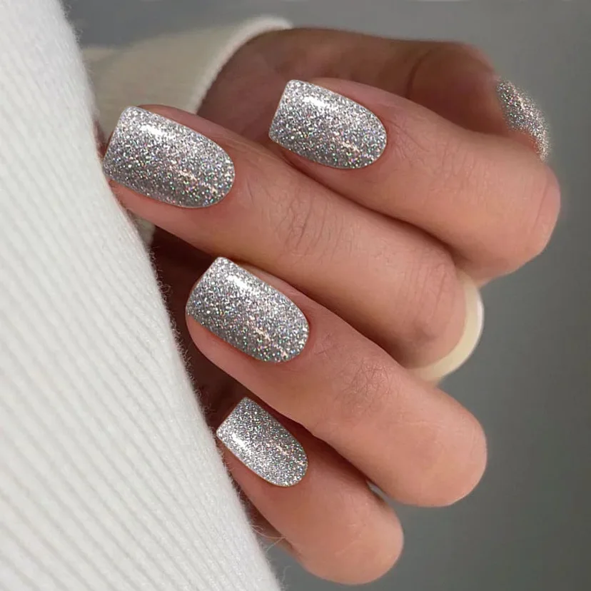 

24Pcs Silver Glitter False Nails Square Short Sandblasting Press on Nail Detachable Design Fake Nails For Women and Girls
