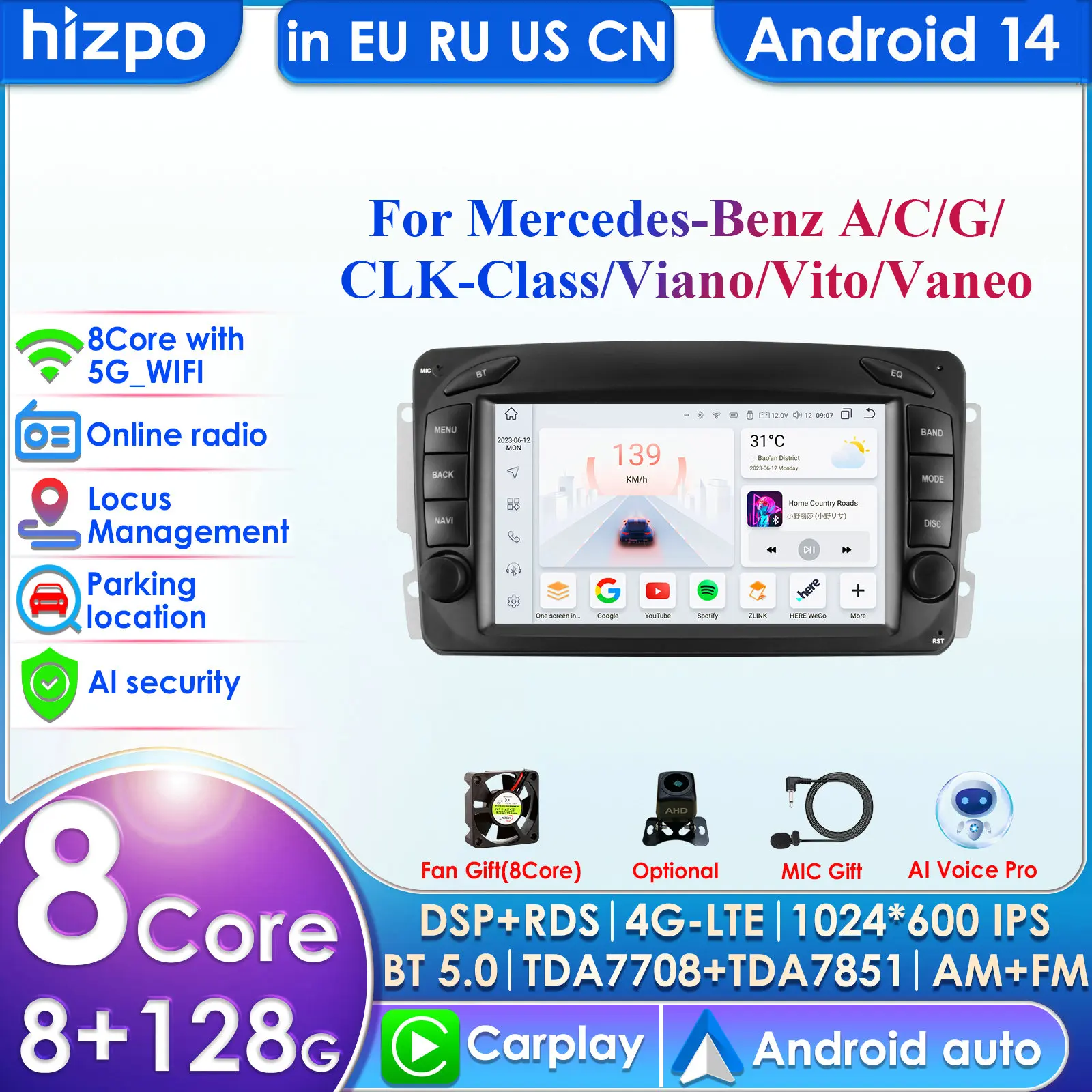 7inch 7862 AI 2din Android 14 Car Radio Multimedia Video Player for Mercedes Benz CLK W209 W203 W463 W168 Nav GPS Carplay 4G RDS