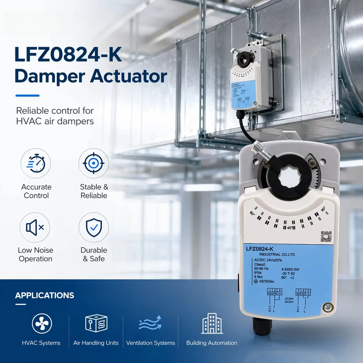 

LFZ-Q Air Damper Actuator with Mechanical Indicator, Double Insulation IP54 AC/DC for Central Air Conditioning