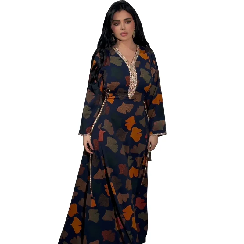 Middle East Printed Dress with Diamond and Waist Cord, Ethnic Style Robe, Islamic Arab Pullover, Muslim Luxury Fashion