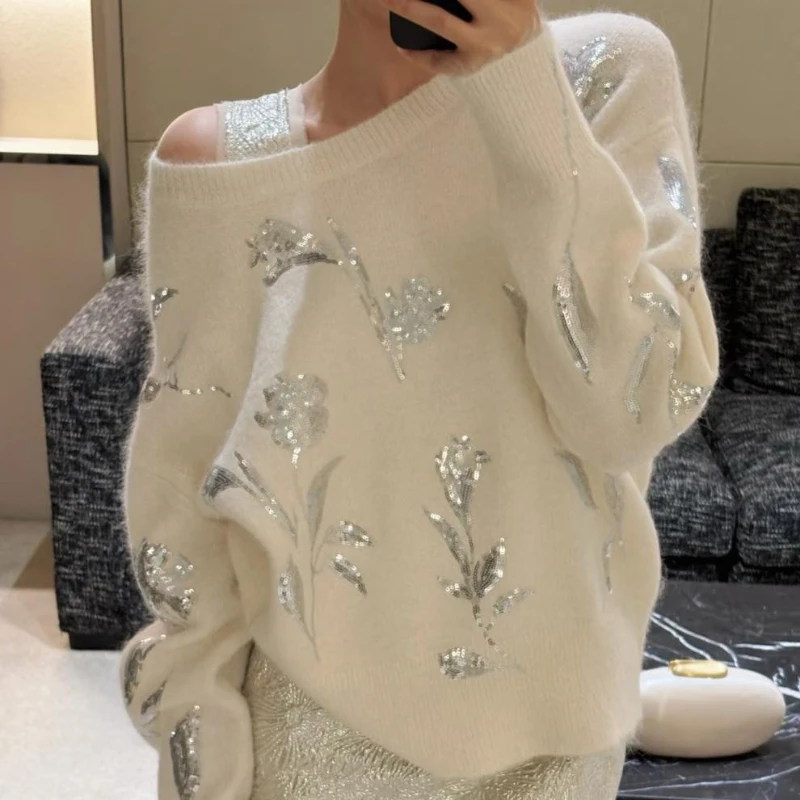 

Fashion Sequined Sweater Women Autumn Winter 2025 Long Sleeve Elegant Knitted Tops Pullovers Jumpers Pull Femme New