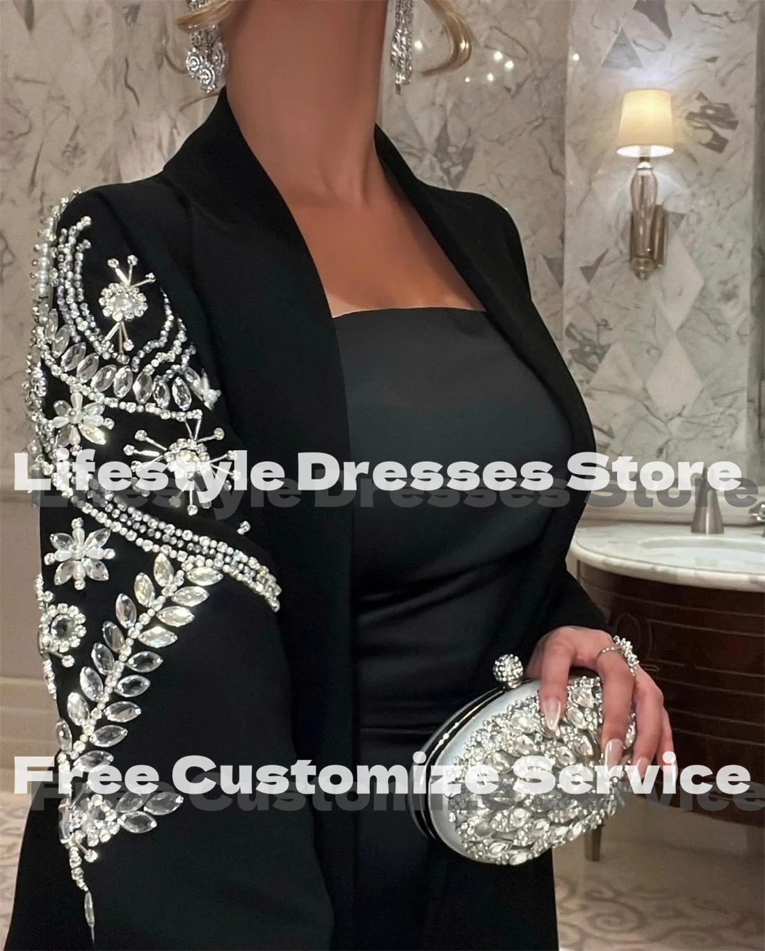 Customized Beadings Jacket Saudi Luxury Evening Dresses Black Elegant Prom Dress For Special Occasion Gown vestidos de fiesta