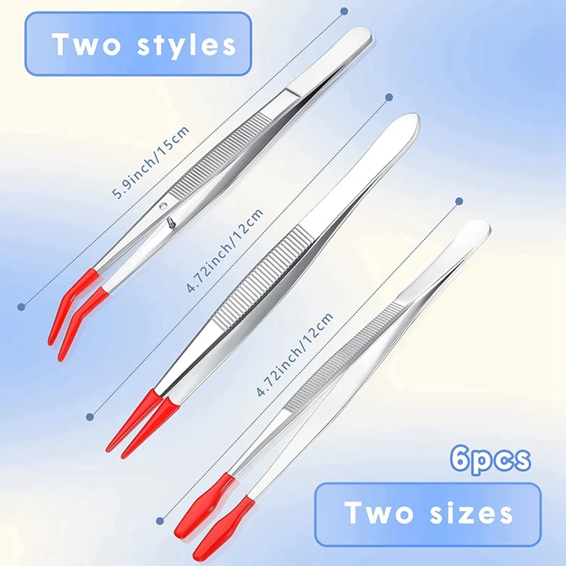 6Pcs Tweezers With Rubber Tips Set Soft PVC Rubber Coated Tips Bent And Straight Flat Tip Precision Bent Long Tweezers