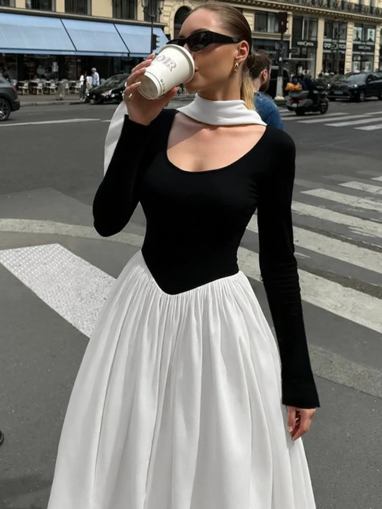 Abiti da donna Fasciatura Abito da sera patchwork a maniche lunghe Moda femminile Tuniche a vita alta Abiti da ballo lunghi a trapezio increspati