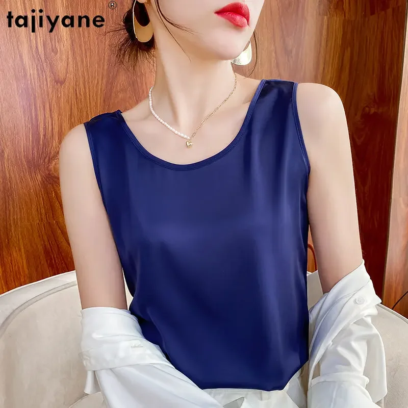 Ayunsue 100% Mulberry Silk Tank Tops Women Clothes Real Silk Camisole Round Neck Black Top Summer Basic Tops Women Tops Femmes