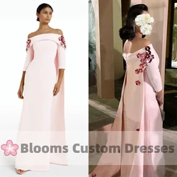 Blooms Off Shoulder Pink Crepe Customized Prom Dress With Sequin Flowers Evening Gown 3/4 Sleeves Cape Formal Party Gown