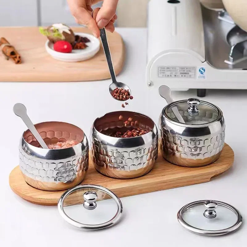 350ml Luxury Stainless Steel Salt Jar, Sugar Bowl, Spice Bottle with Spoon, Spice Container Set, Kitchen Accessories