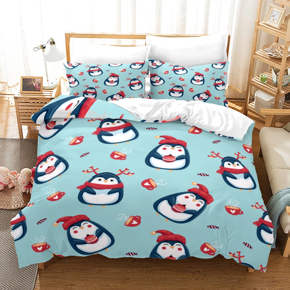

Antarctic Penguins Duvet Cover Set For Kid Girl Boy Cute Animals Polyester Comforter Cover Black White Print Bedspread King Size